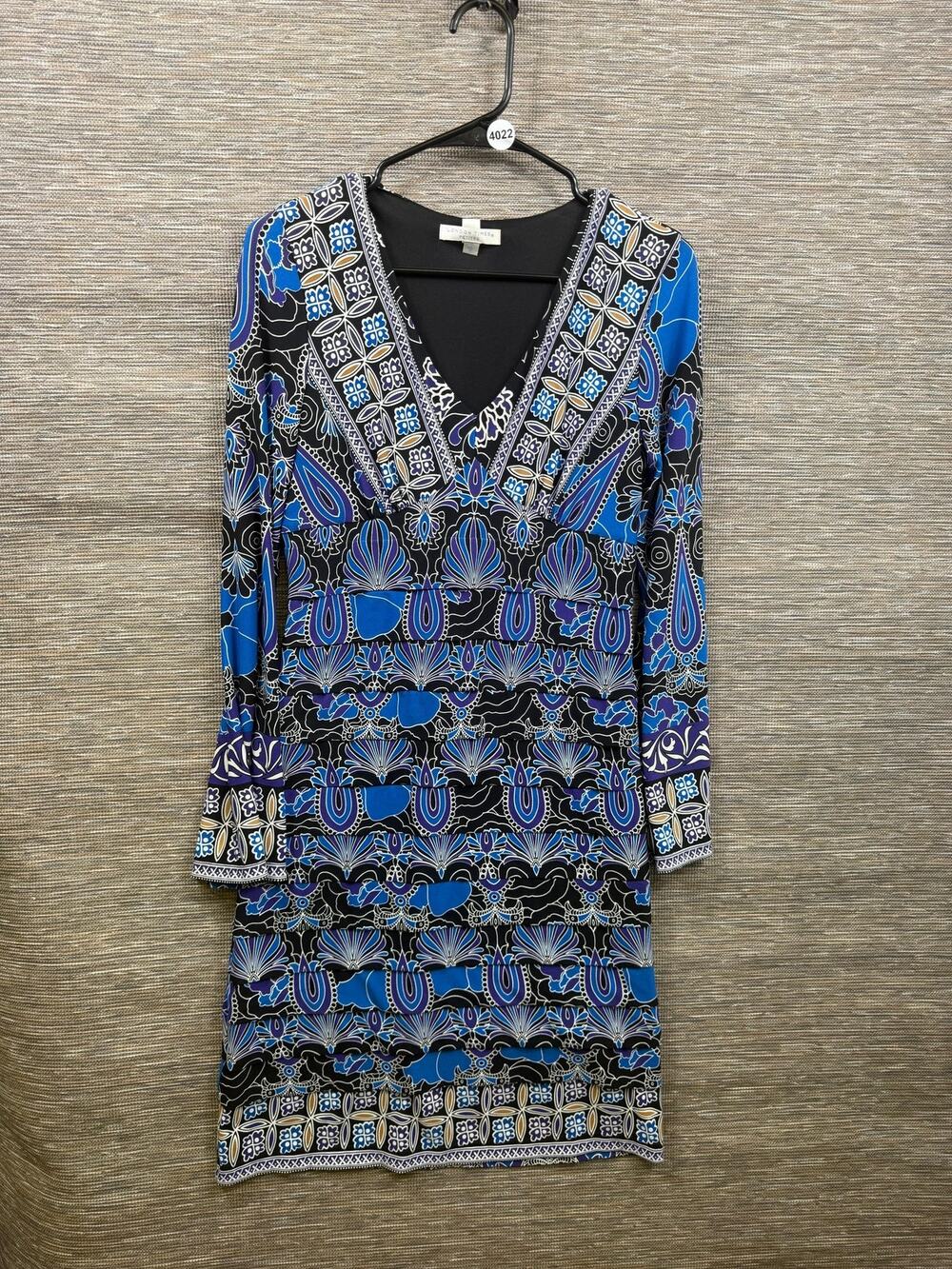 London Times Dress Womens 8P Black Blue Floral V Neck Sheath Knee Length Boho